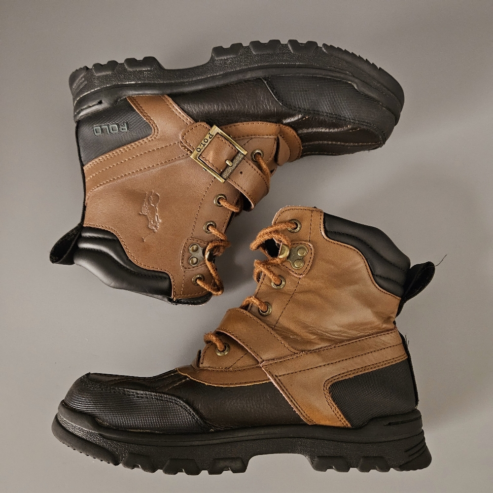 Polo Ralph Lauren Kids Duck Boots Sz 4 Youth Brown Black Lace Up Buckle Boys - Picture 12 of 16